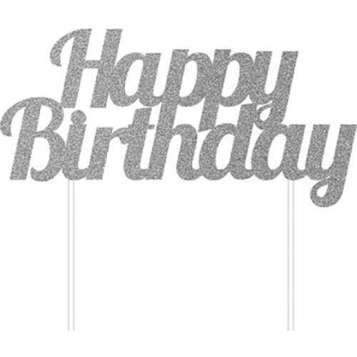 Happy Birthday Cake Topper - Silver Glitter #2